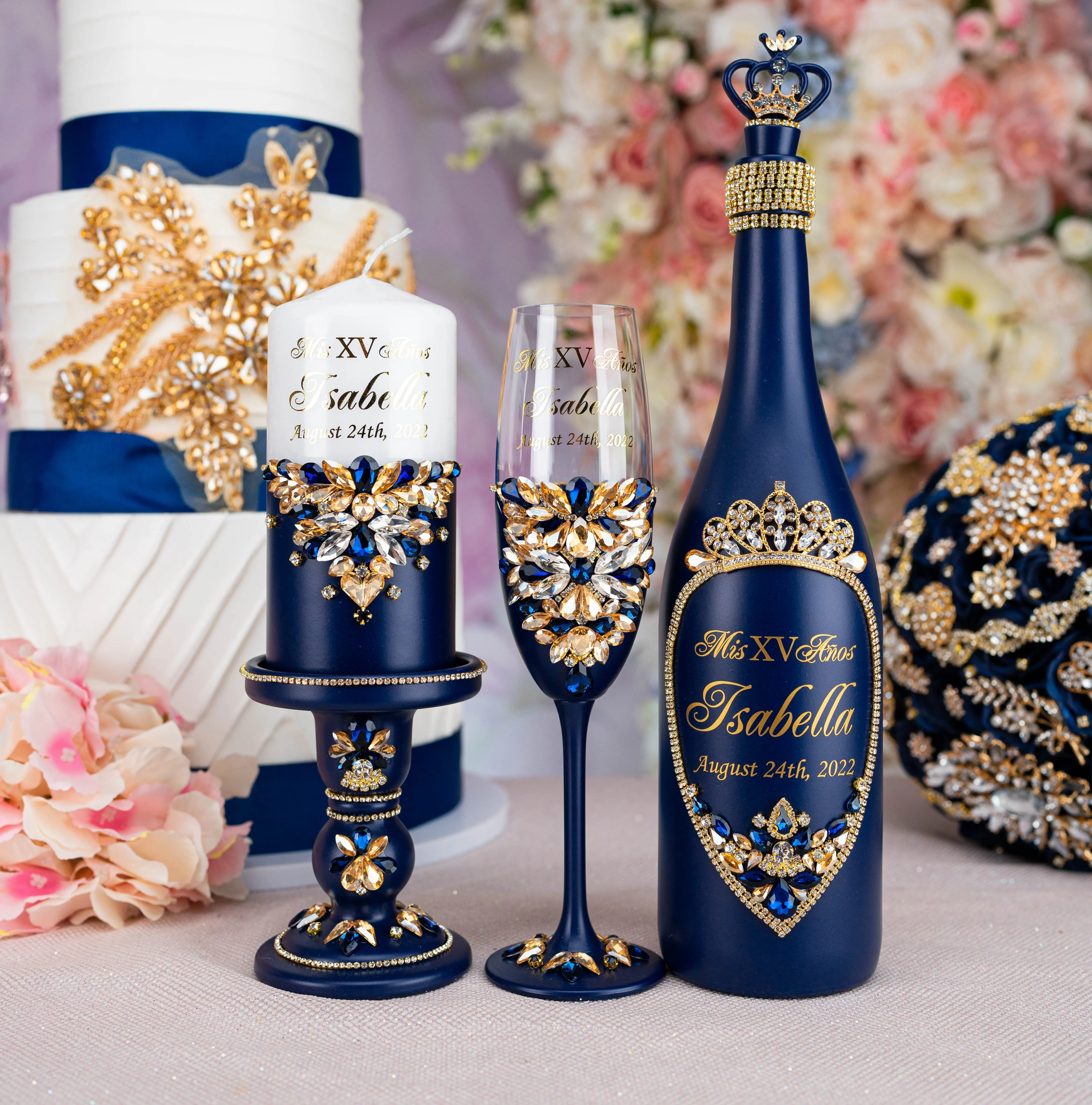 Navy blue with gold quinceanera brindis package with bottle