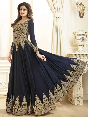 Navy Blue With Golden Detail Flared Anarkali Suit