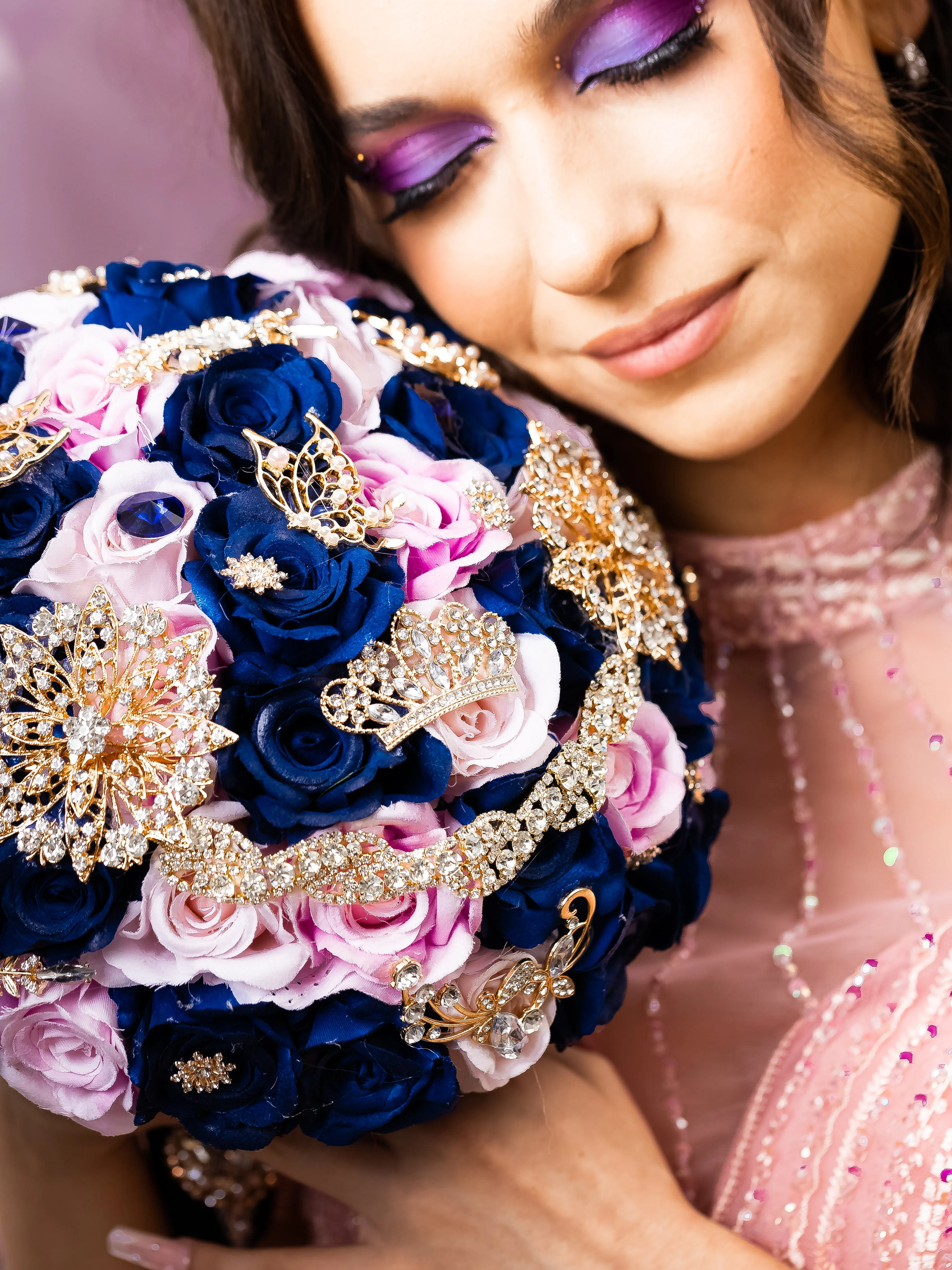 Navy Blue with pink quinceanera bouquet 9 inches