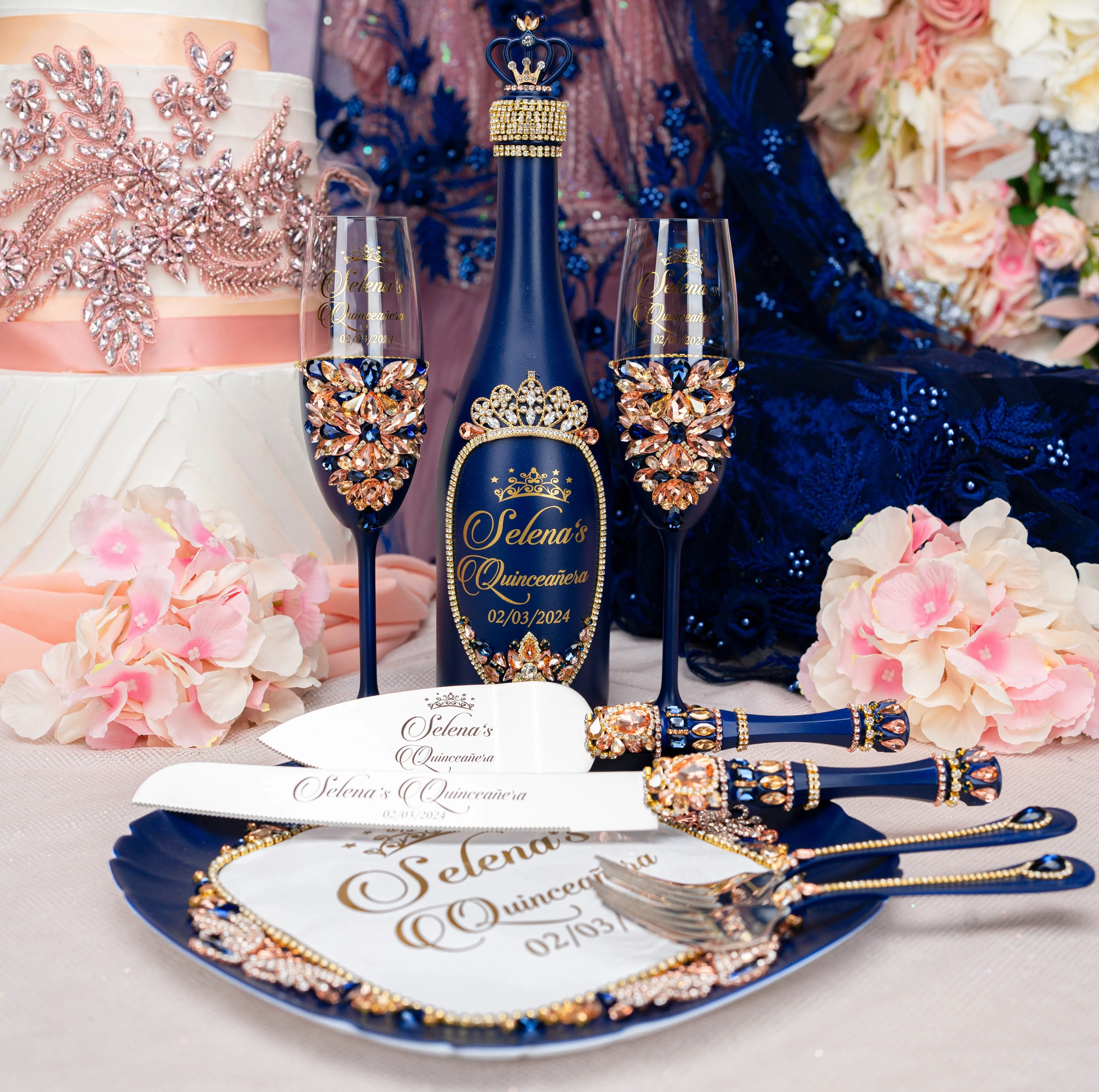 Navy blue with rose gold 2 quinceanera champagne glasses