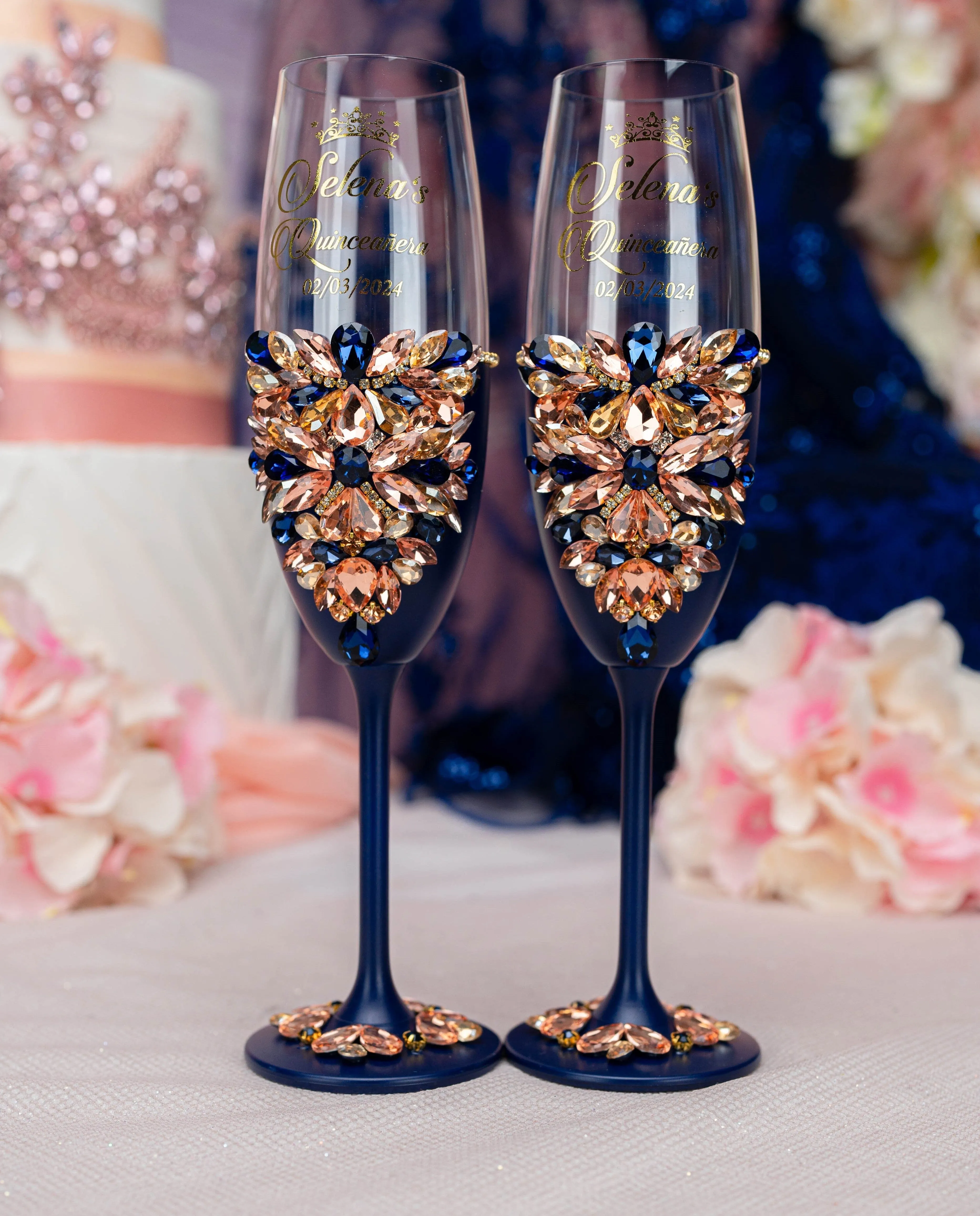 Navy Blue with Rose Gold quinceanera brindis package with bottle