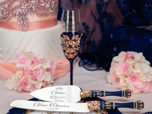 Navy Blue with Rose Gold quinceanera cake knife set with 1 glass