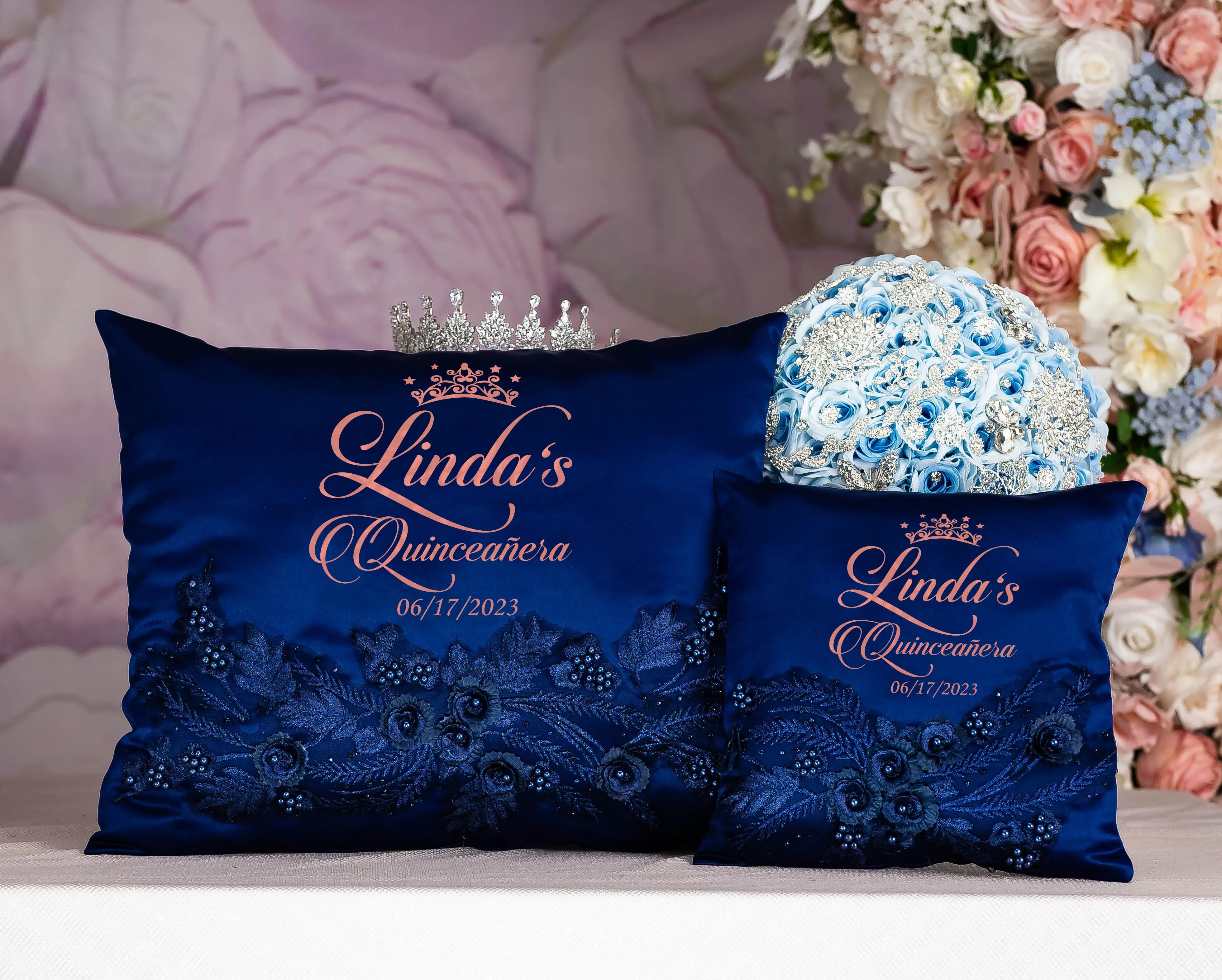 Navy Blue with Rose Gold quinceanera tiara pillow