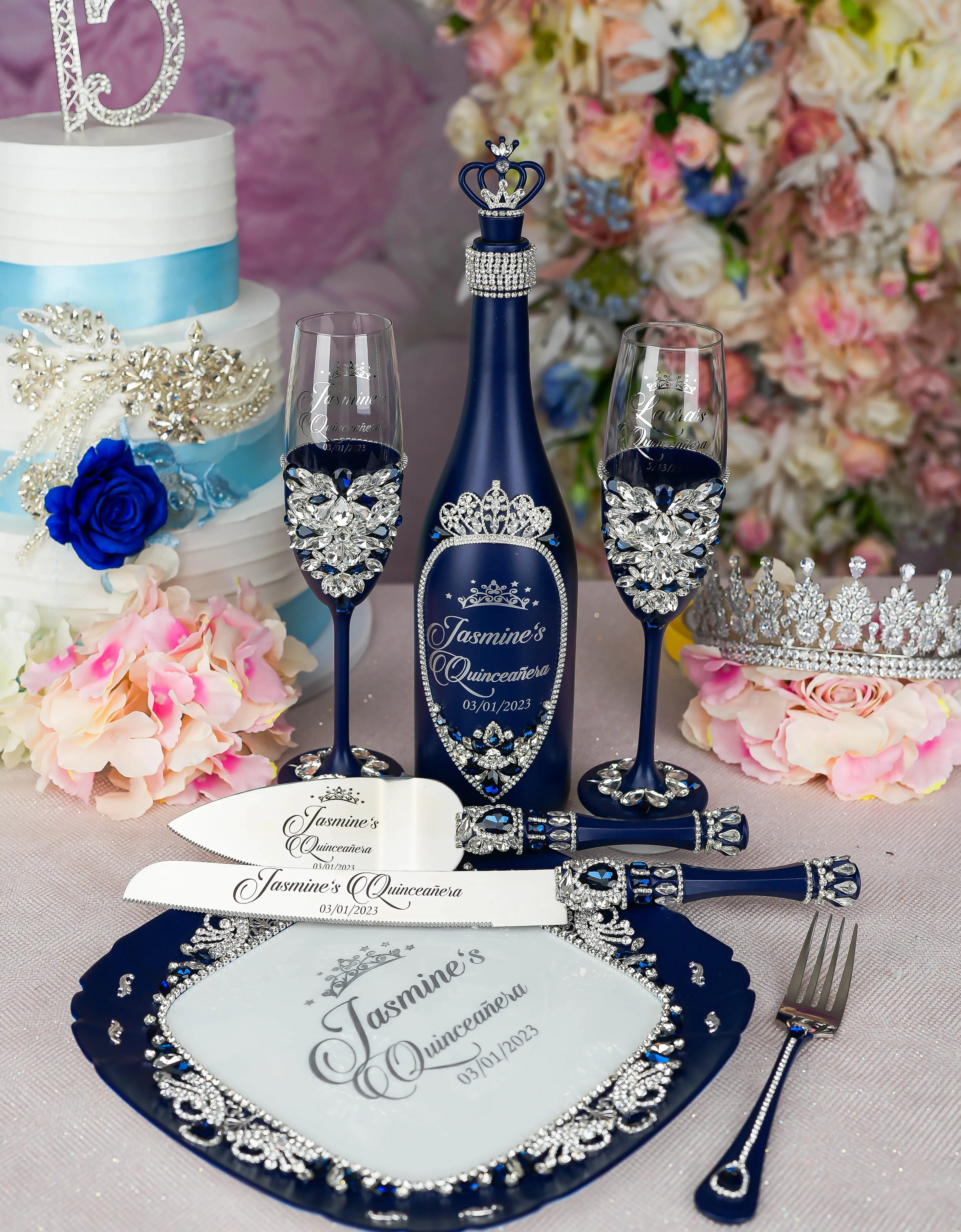 Navy Blue with silver quinceanera bottle