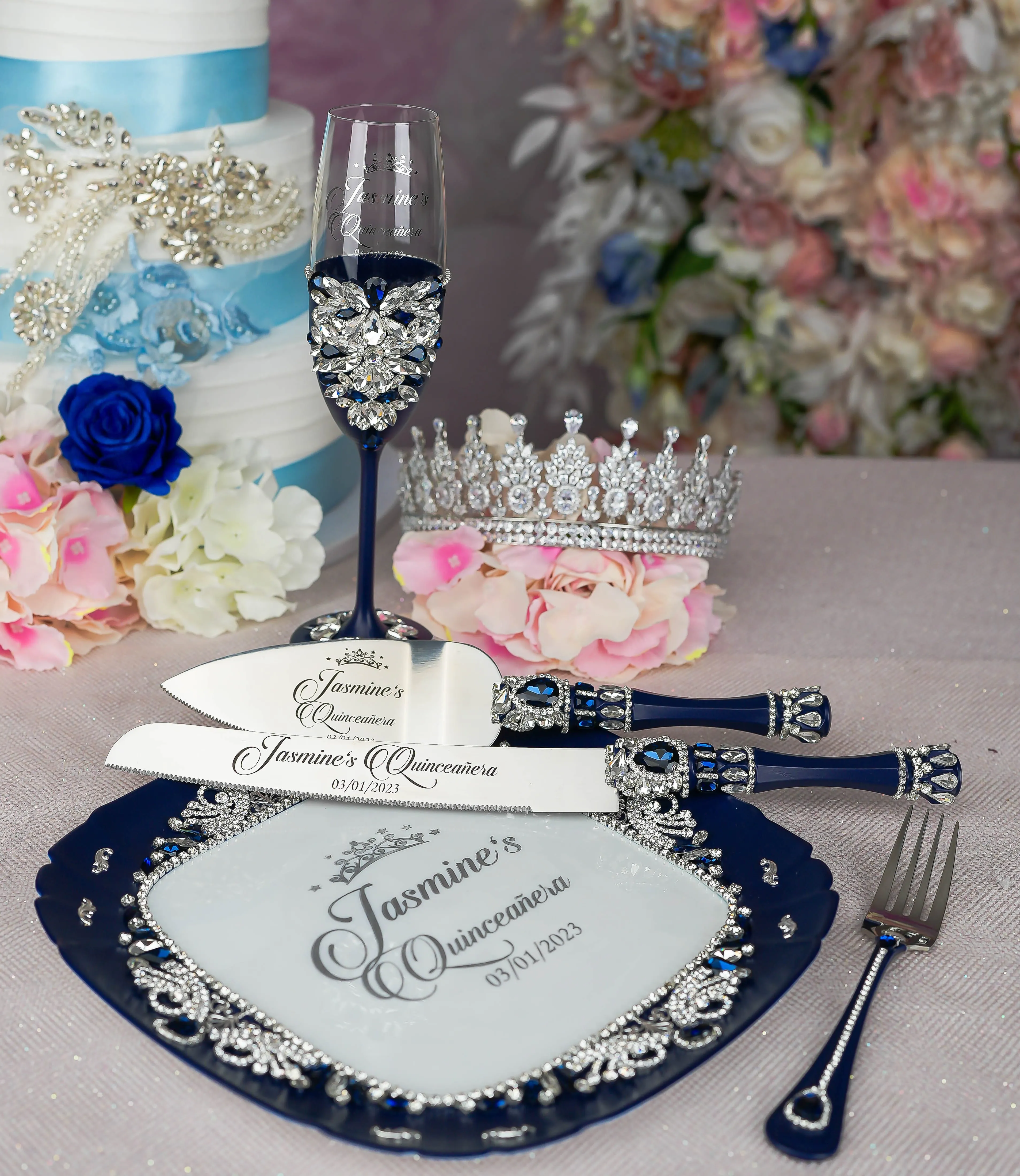 Navy Blue with silver quinceanera cake knife set with plate and fork