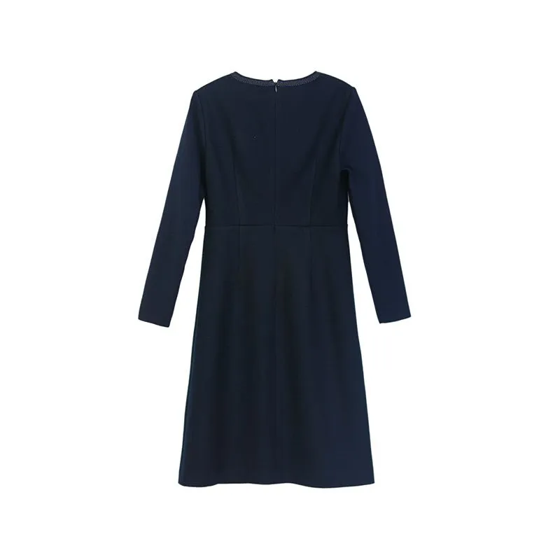 Navy Blue Woolen Slim Dress With Metal Buttons