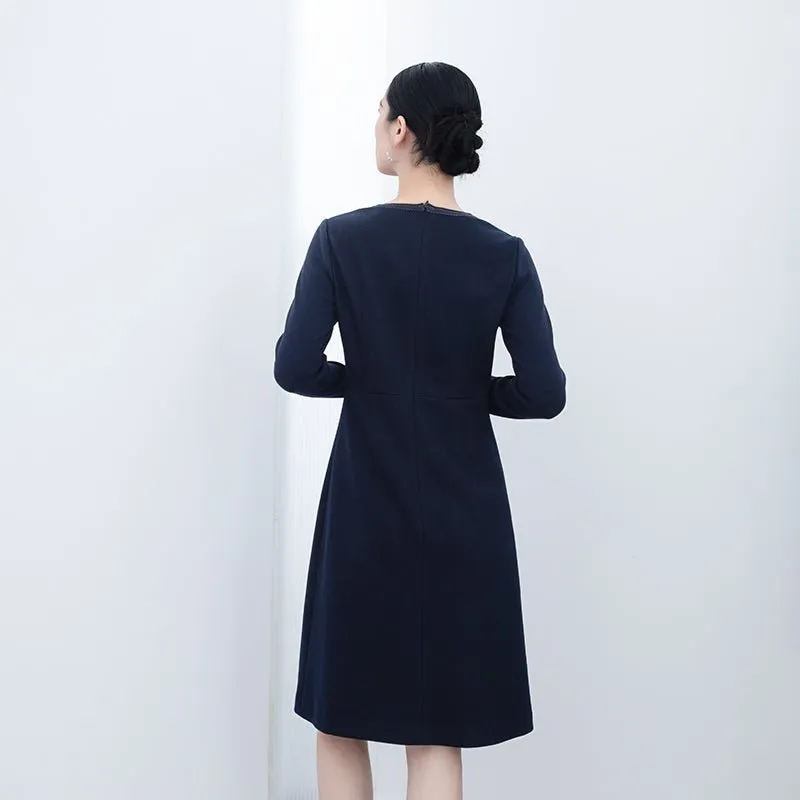 Navy Blue Woolen Slim Dress With Metal Buttons