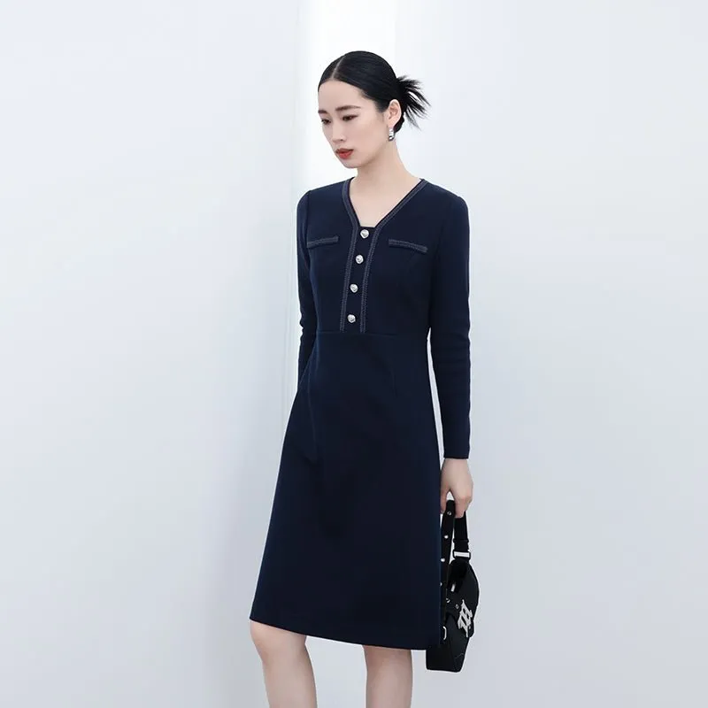 Navy Blue Woolen Slim Dress With Metal Buttons