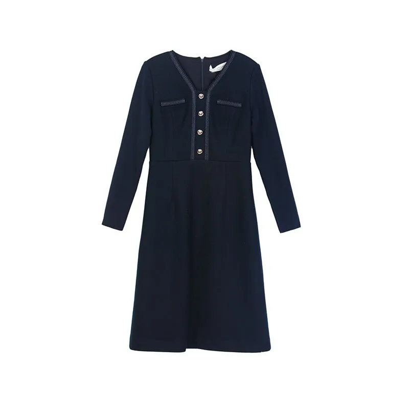 Navy Blue Woolen Slim Dress With Metal Buttons