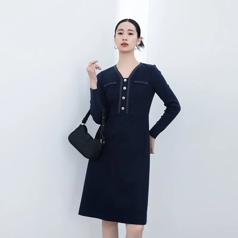 Navy Blue Woolen Slim Dress With Metal Buttons