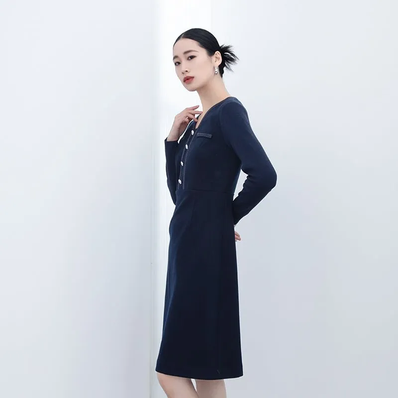 Navy Blue Woolen Slim Dress With Metal Buttons