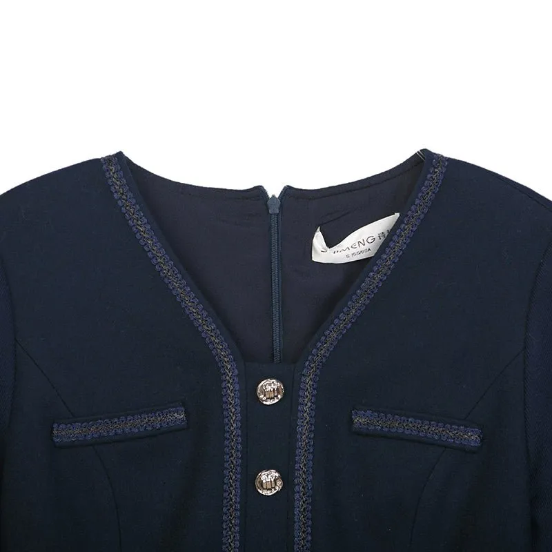 Navy Blue Woolen Slim Dress With Metal Buttons