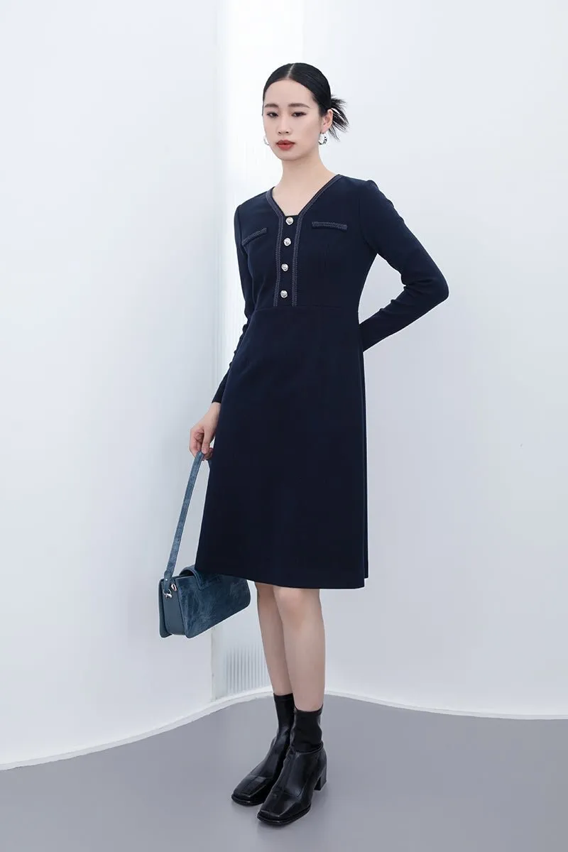 Navy Blue Woolen Slim Dress With Metal Buttons