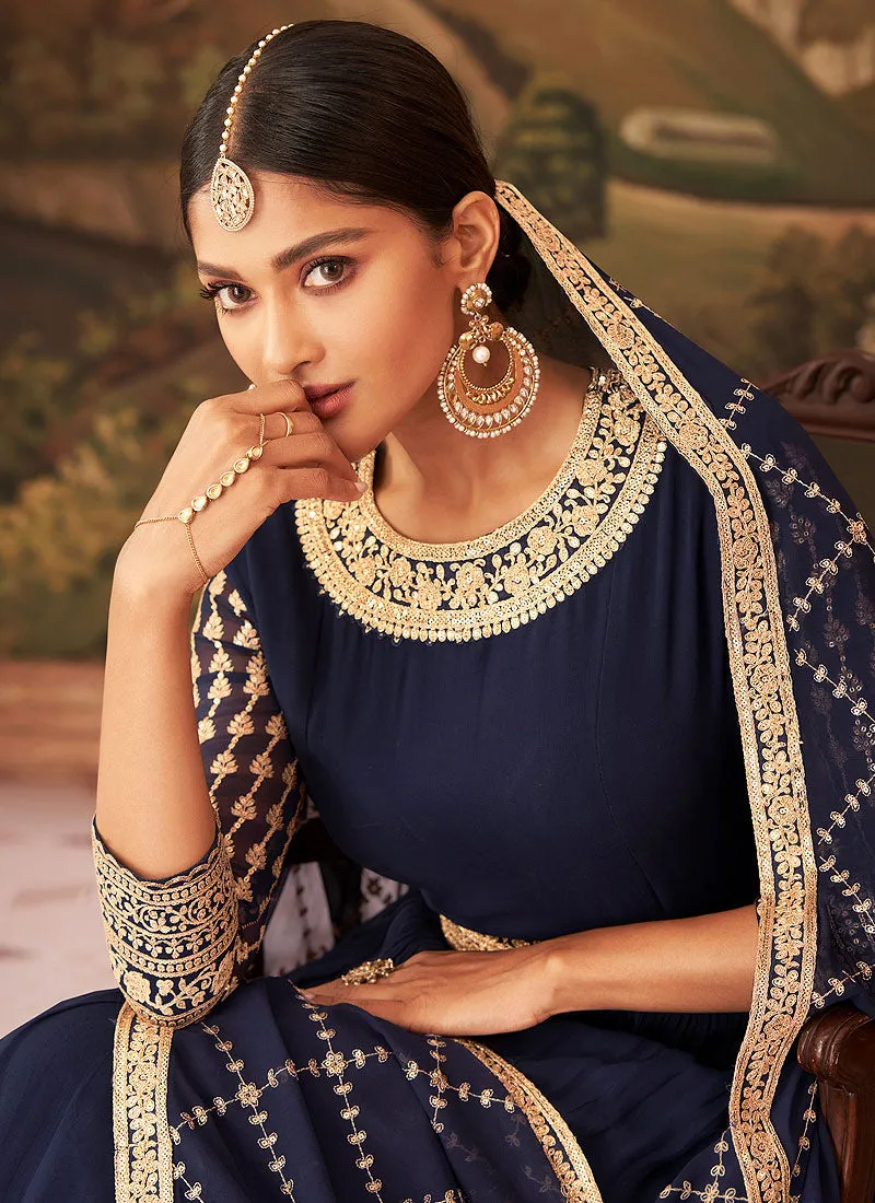 Navy Blue Zari Embroidered Belt Style Anarkali Suit