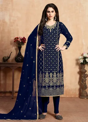 Navy Blue Zari Embroidered Designer Pant Suit