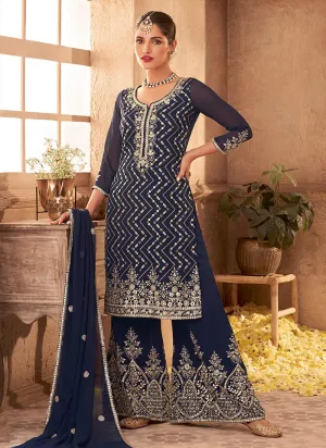 Navy Blue Zari Embroidered Festive Palazzo Style Suit