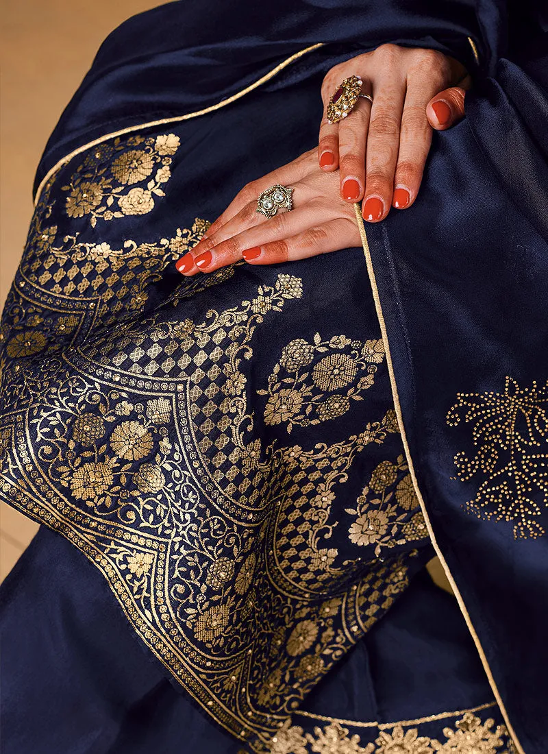 Navy Blue Zari Embroidered Palazzo Suit