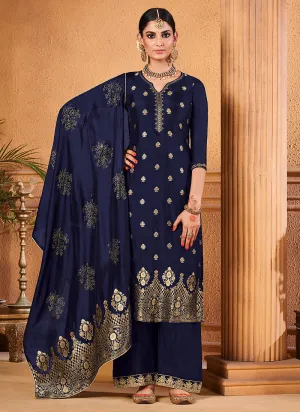 Navy Blue Zari Embroidered Palazzo Suit