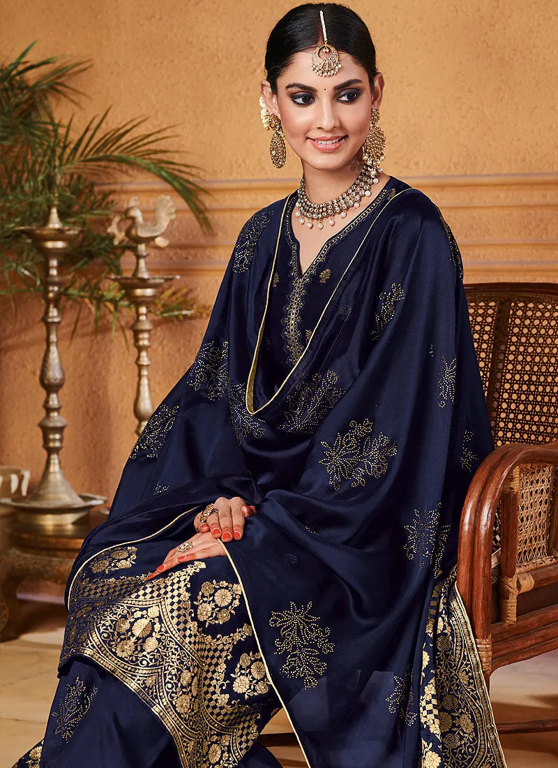 Navy Blue Zari Embroidered Palazzo Suit