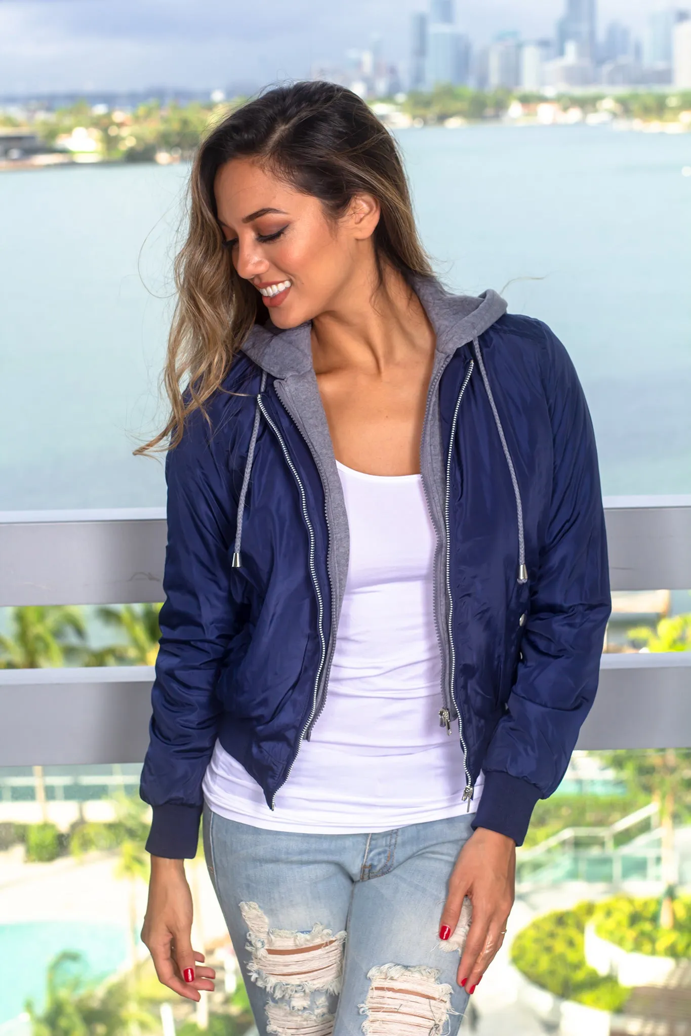 Navy Bomber Jacket with Gray Hood