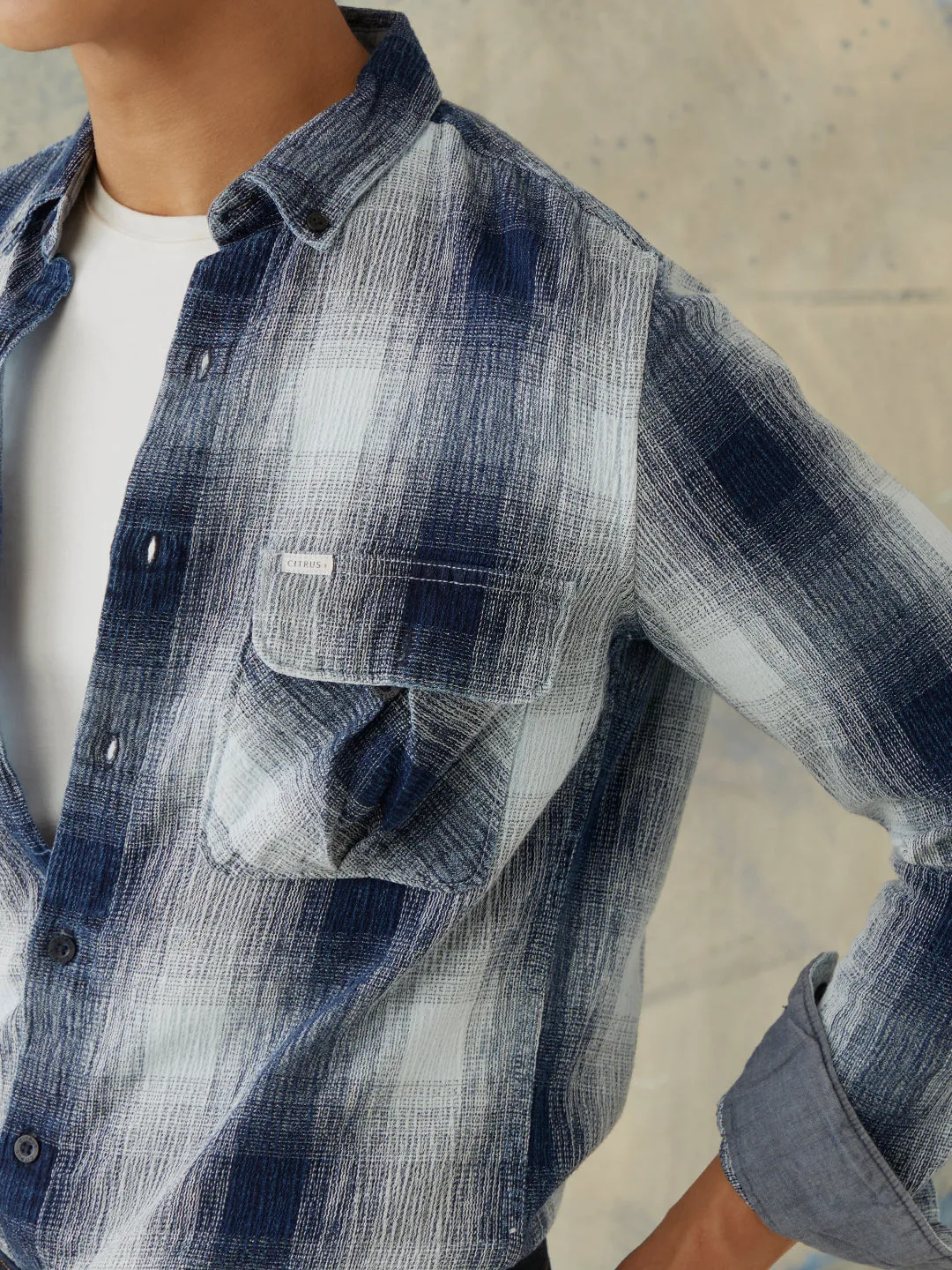 Navy Checks Double Pocket Denim Shirt