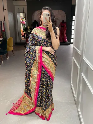 Navy Dola Silk Foil Print Saree