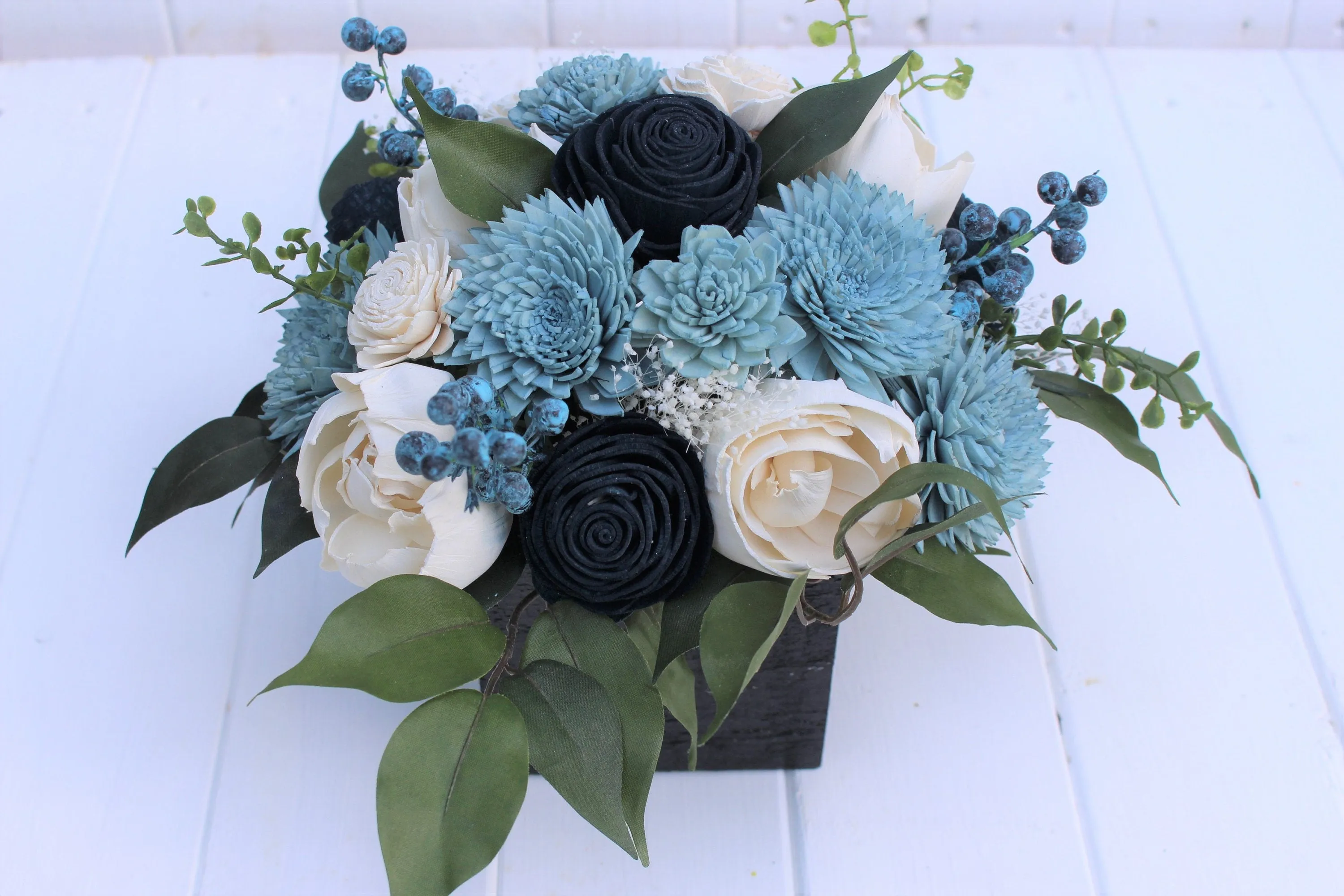 Navy Dusty Blue and Ivory Sola Wood Flower Centerpiece