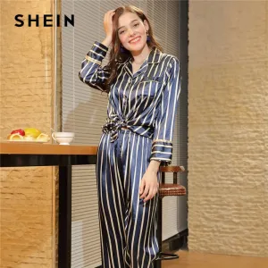 Navy Elegant Striped Knot Hem Pocket Button Trim Top And Longline Pants