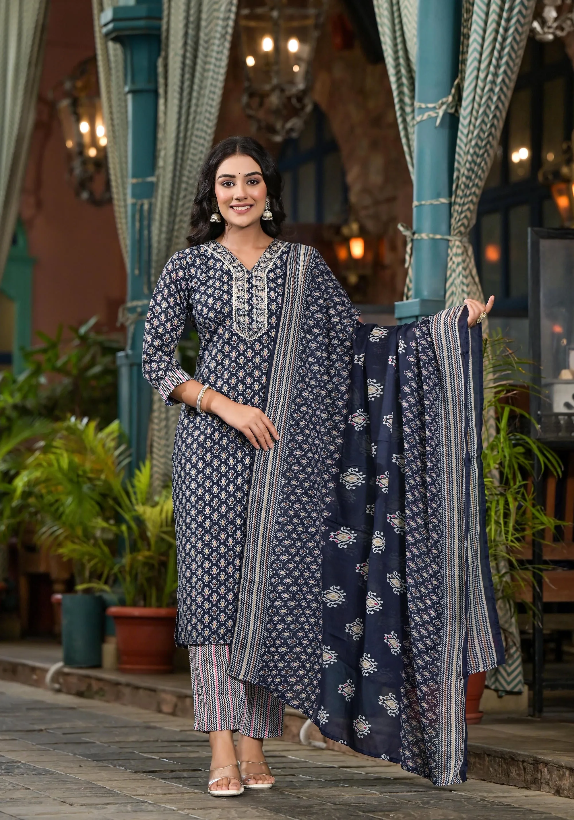 Navy Ethnic Motif Printed Cotton Kurta Pant And Dupatta Set With Mirror Work & Sequins