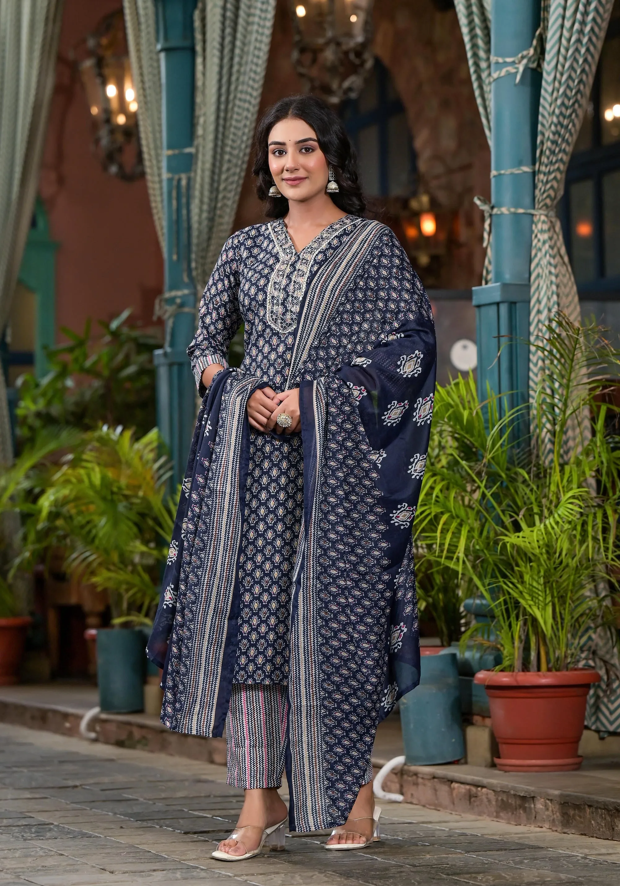 Navy Ethnic Motif Printed Cotton Kurta Pant And Dupatta Set With Mirror Work & Sequins