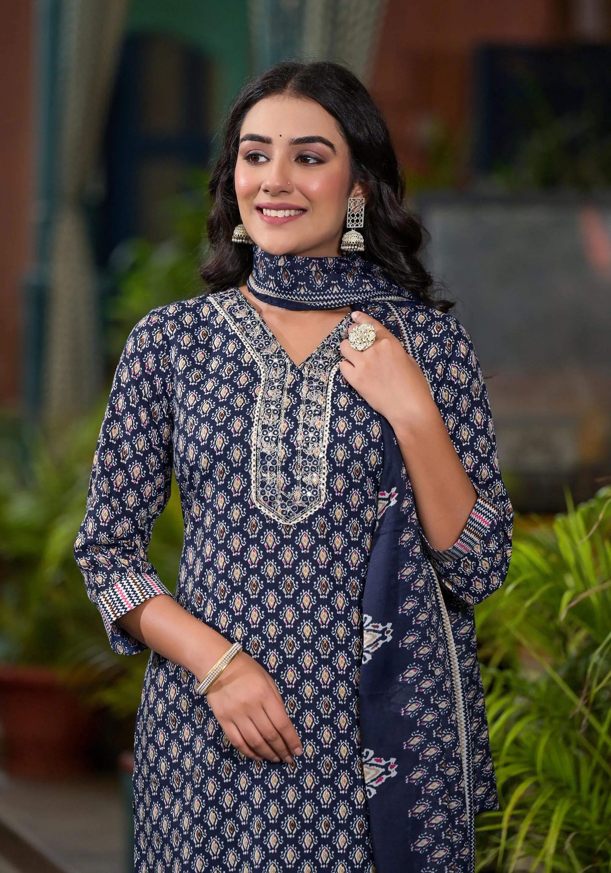 Navy Ethnic Motif Printed Cotton Kurta Pant And Dupatta Set With Mirror Work & Sequins