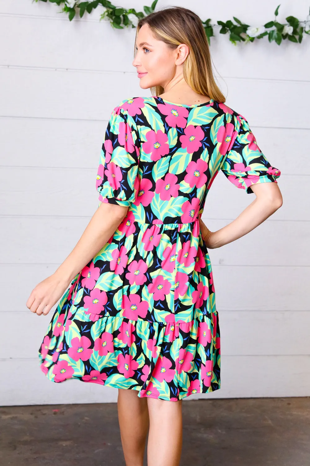 Navy Floral Bubble Sleeve Tie Front Tiered Dress