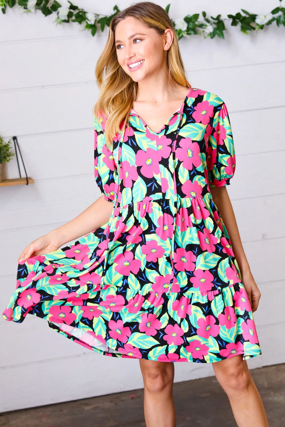 Navy Floral Bubble Sleeve Tie Front Tiered Dress