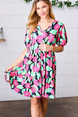 Navy Floral Bubble Sleeve Tie Front Tiered Dress