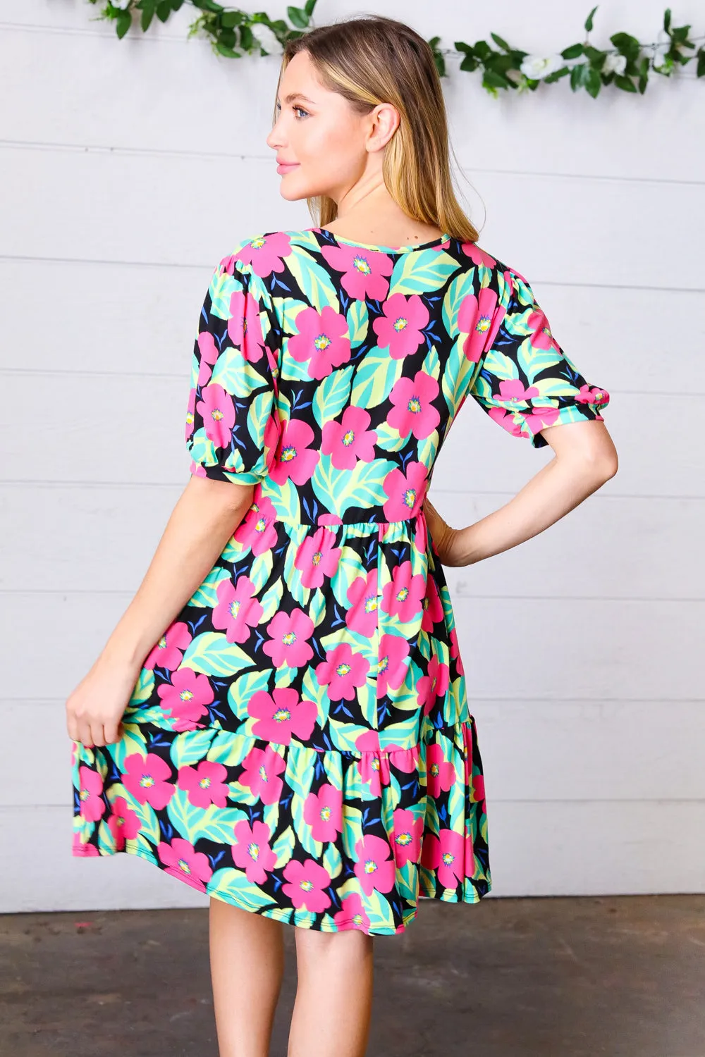 Navy Floral Bubble Sleeve Tie Front Tiered Dress