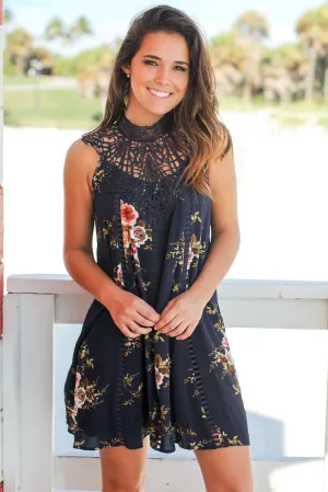 Navy Floral Crochet Short Dress