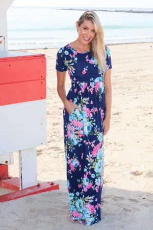 Navy Floral Maxi Dress with Short Sleeves and Criss Cross Back