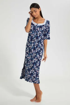 Navy Floral Printed Nightgown