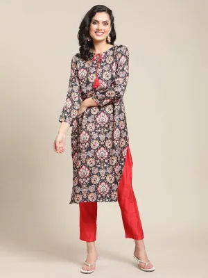 Navy Floral Printed Pashmina Kurta With Tassel And Drawstring And Having Full Sleeves