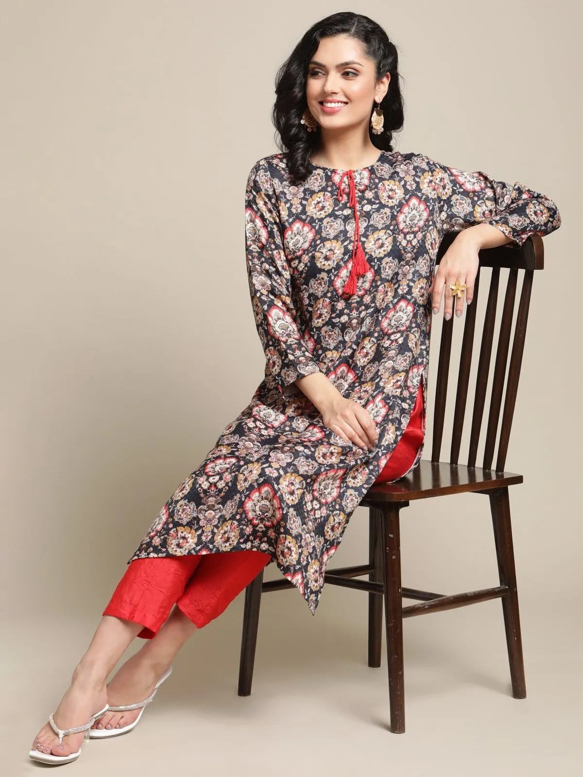 Navy Floral Printed Pashmina Kurta With Tassel And Drawstring And Having Full Sleeves