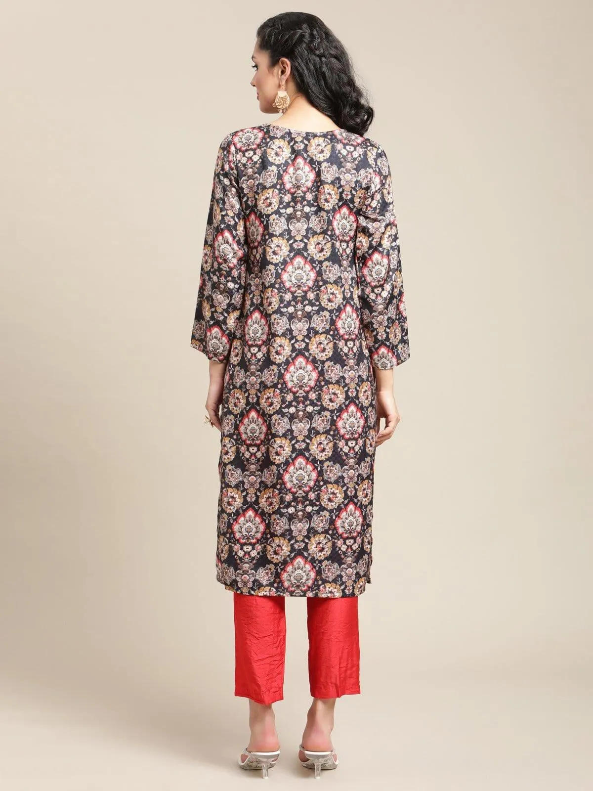 Navy Floral Printed Pashmina Kurta With Tassel And Drawstring And Having Full Sleeves