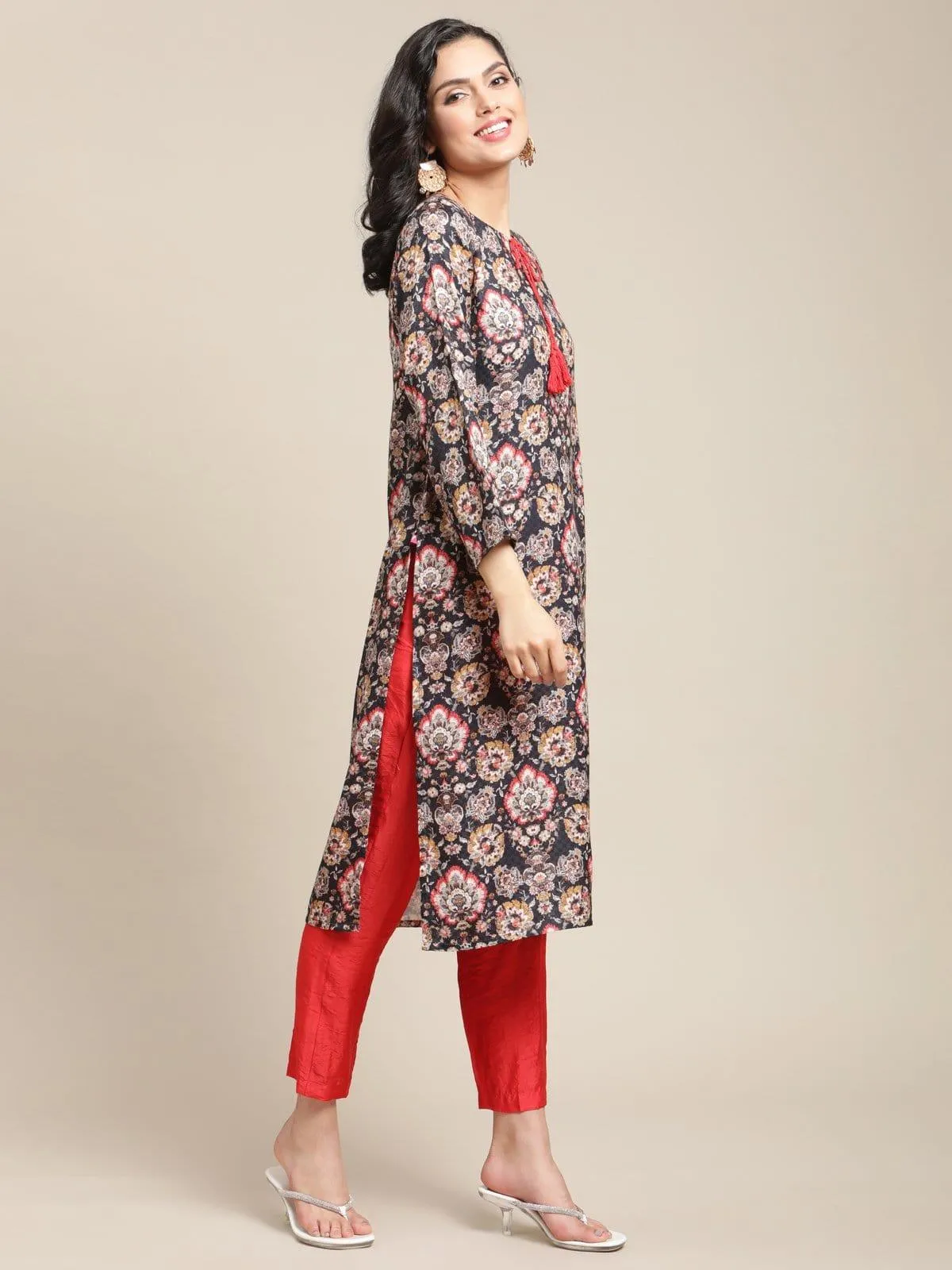 Navy Floral Printed Pashmina Kurta With Tassel And Drawstring And Having Full Sleeves