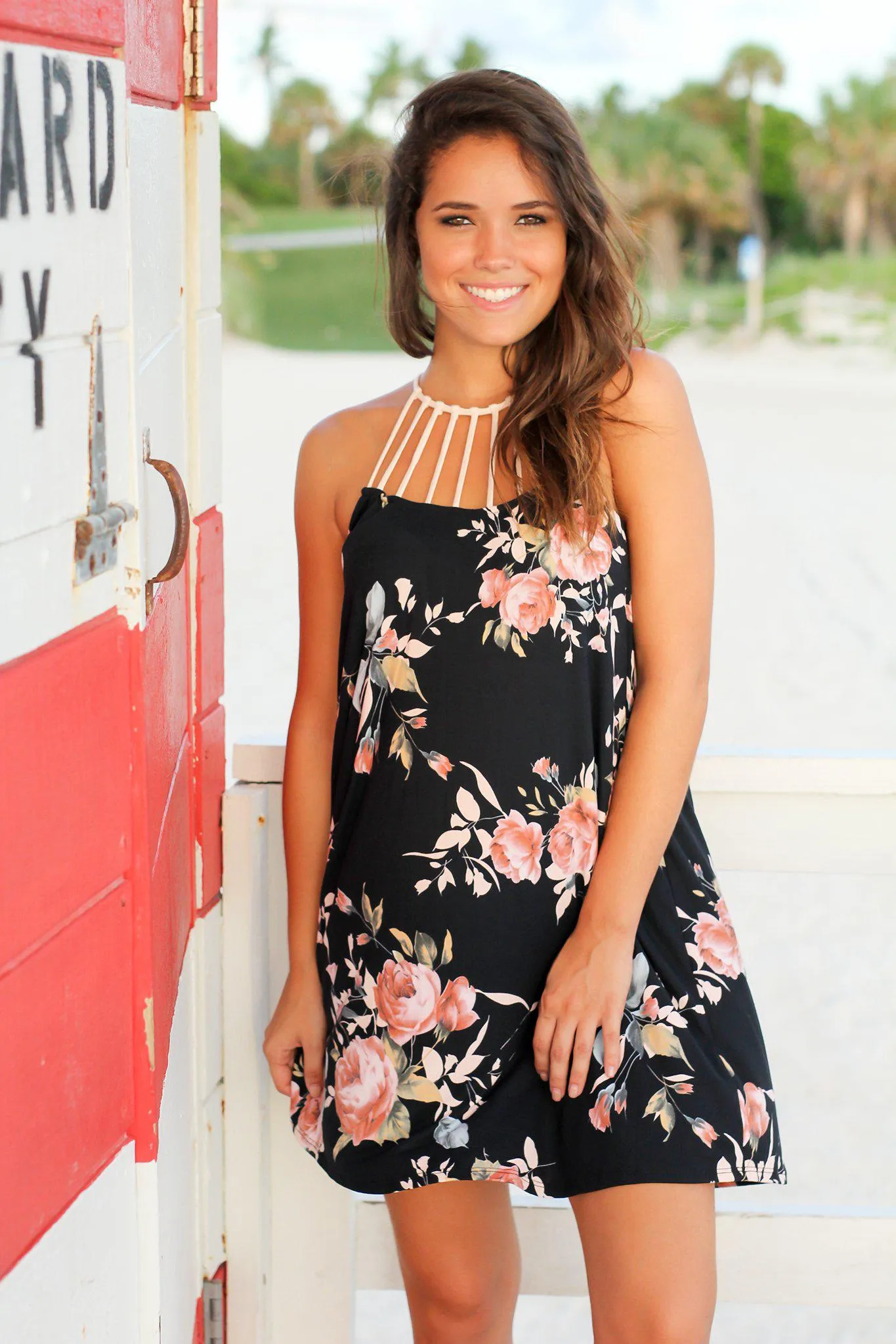 Navy Floral Short Dress with Strappy Neck