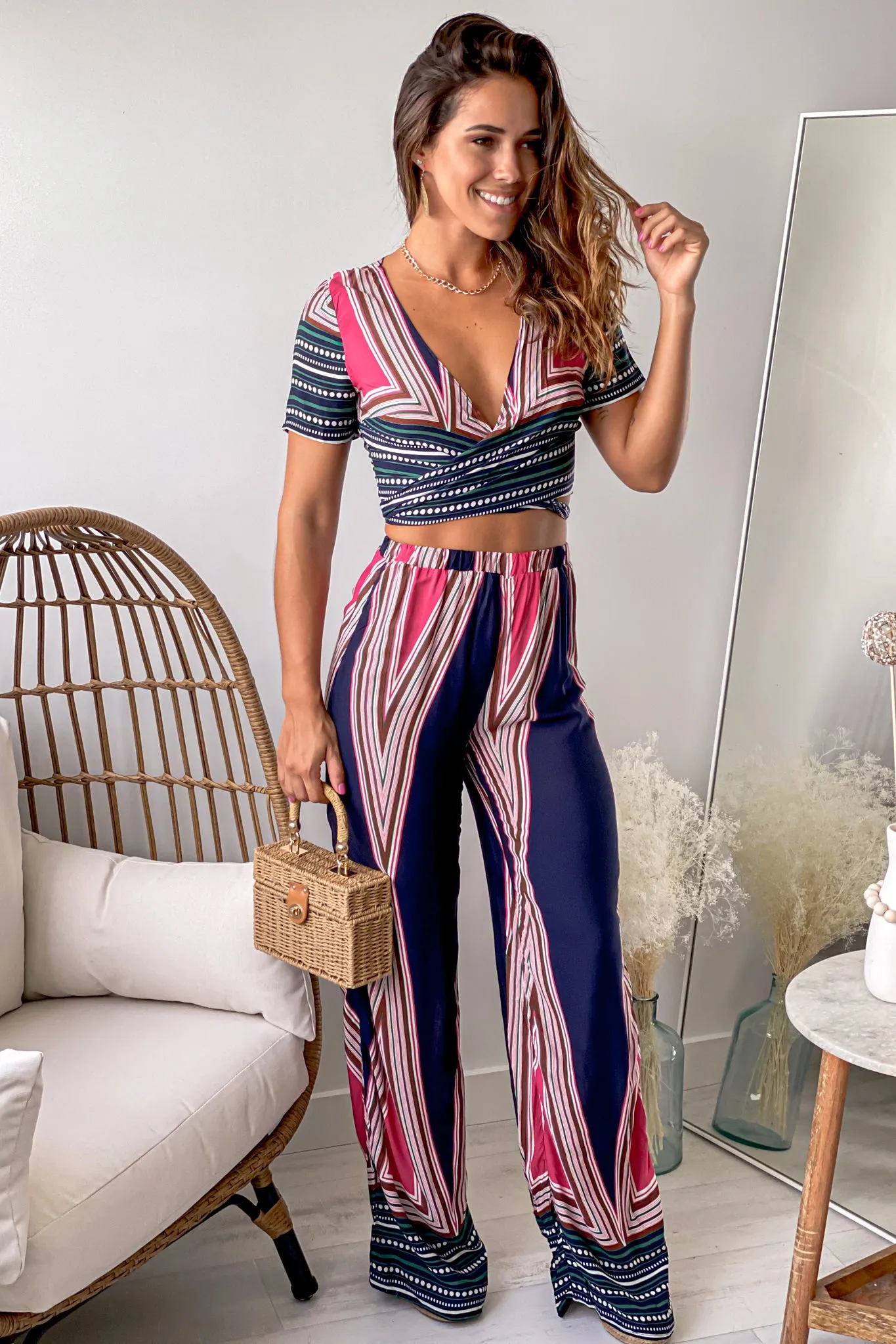 Navy Multi Color Top And Pants Set