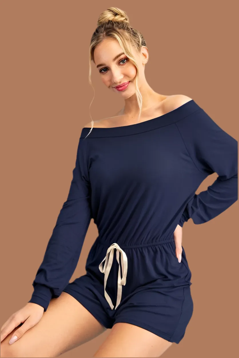 Navy Off the Shoulder Long Sleeve Romper