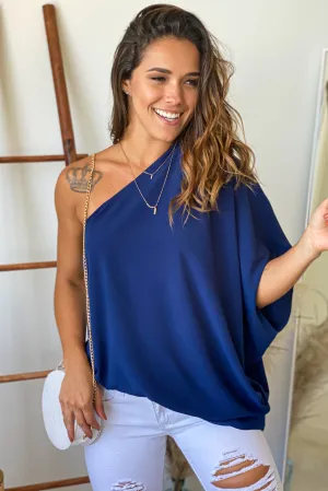 Navy One Shoulder Oversized Top