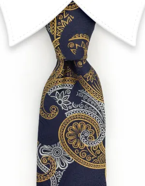 Navy, Orange Gold & Silver Paisley Tie