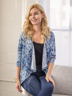 Navy Print Elbow Length Sleeve Open Cardigan