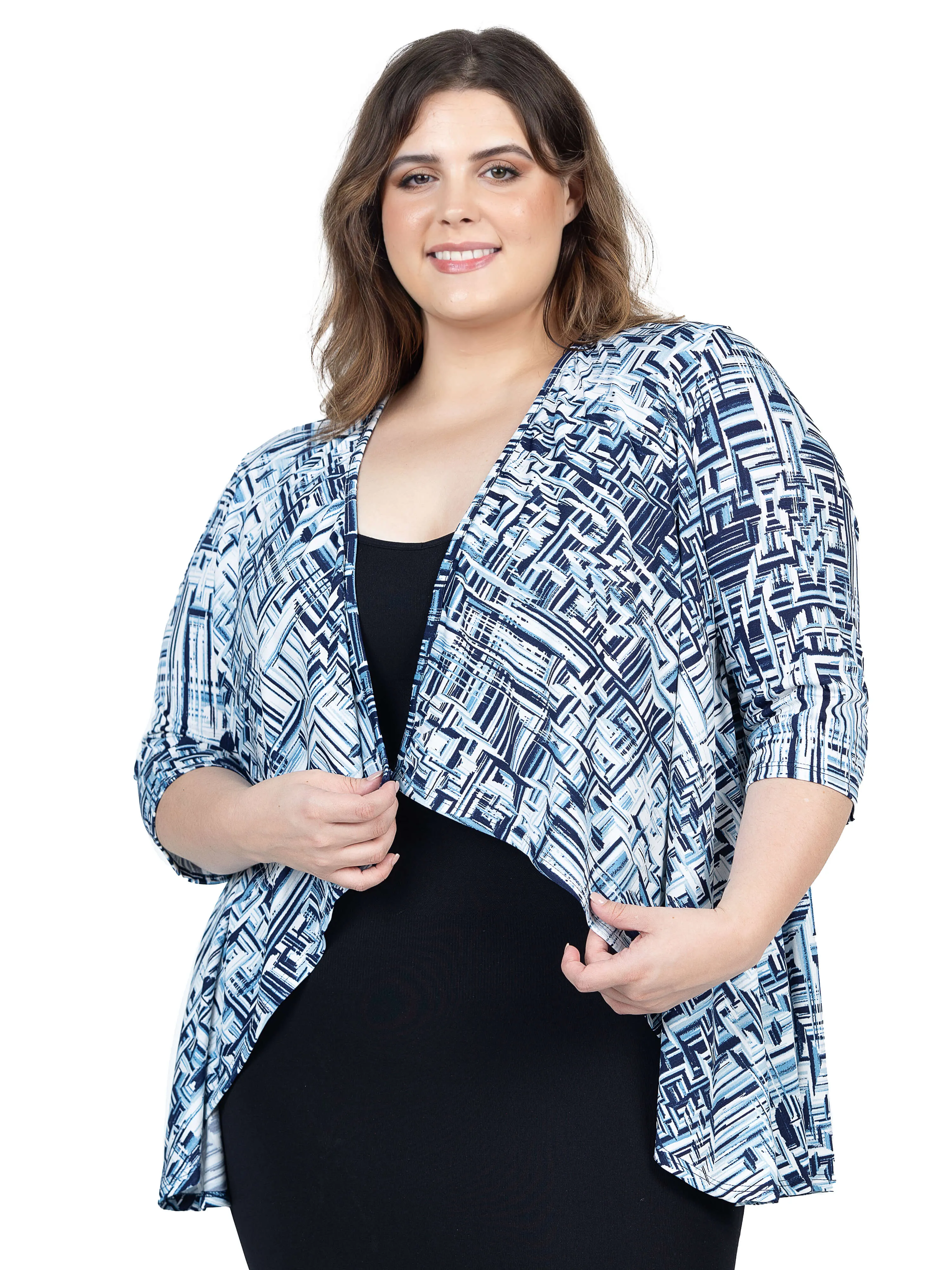 Navy Print Plus Size Elbow Length Sleeve Open Cardigan