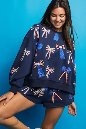 Navy, Red, White, & Blue Bow Sweatshirt- Women's